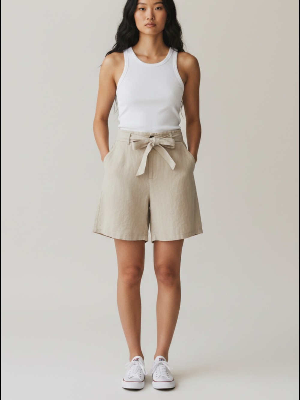 High-Rise Tie-Waist Linen Blend Shorts - Beige size small